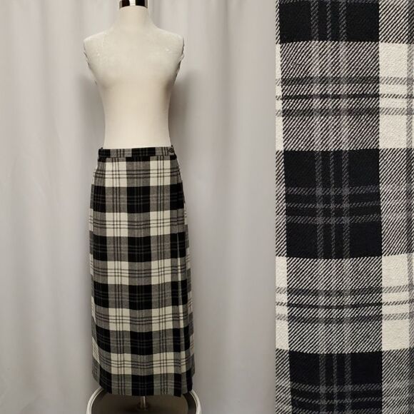 Vintage 90s y2k Evan Picone Wool Blend Black White Tartan Plaid Wrap Skirt Kilt - Picture 8 of 8